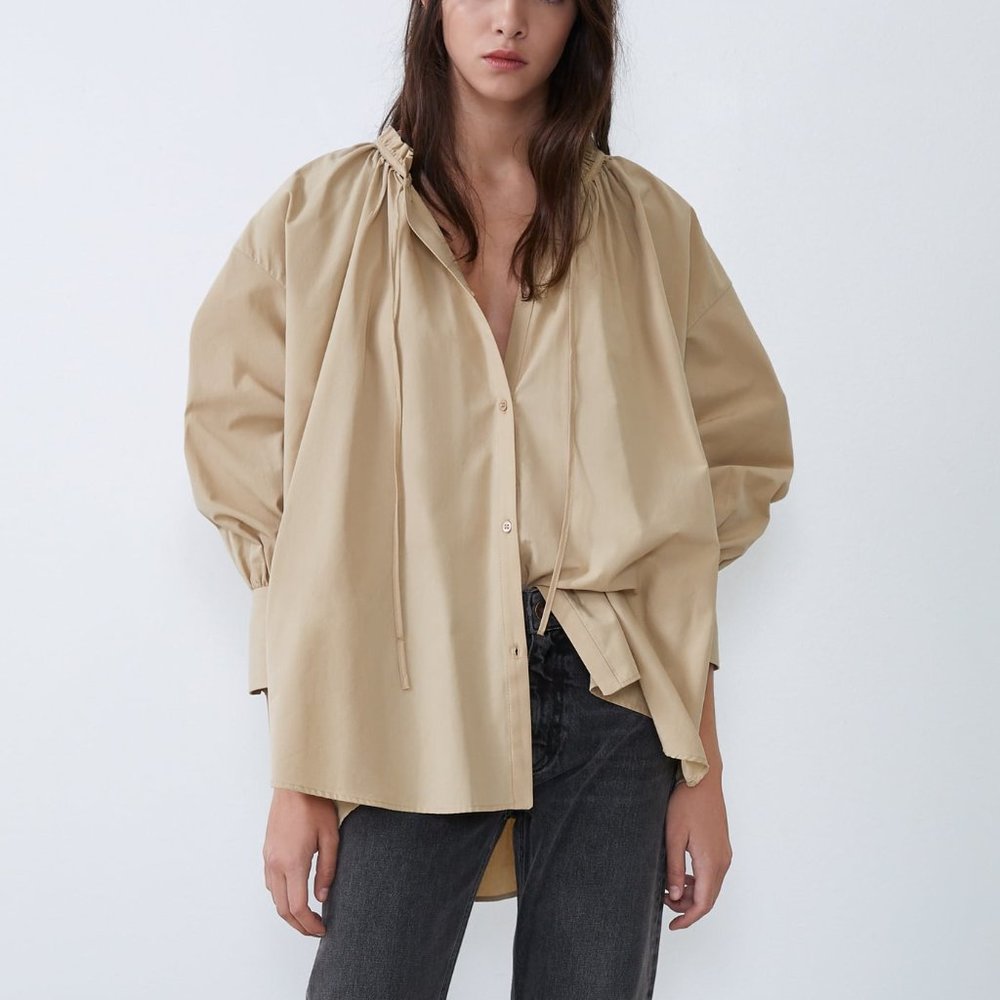 ZARA CAMEL TIED COLLAR POPLIN LONG SLEEVE SHIRT